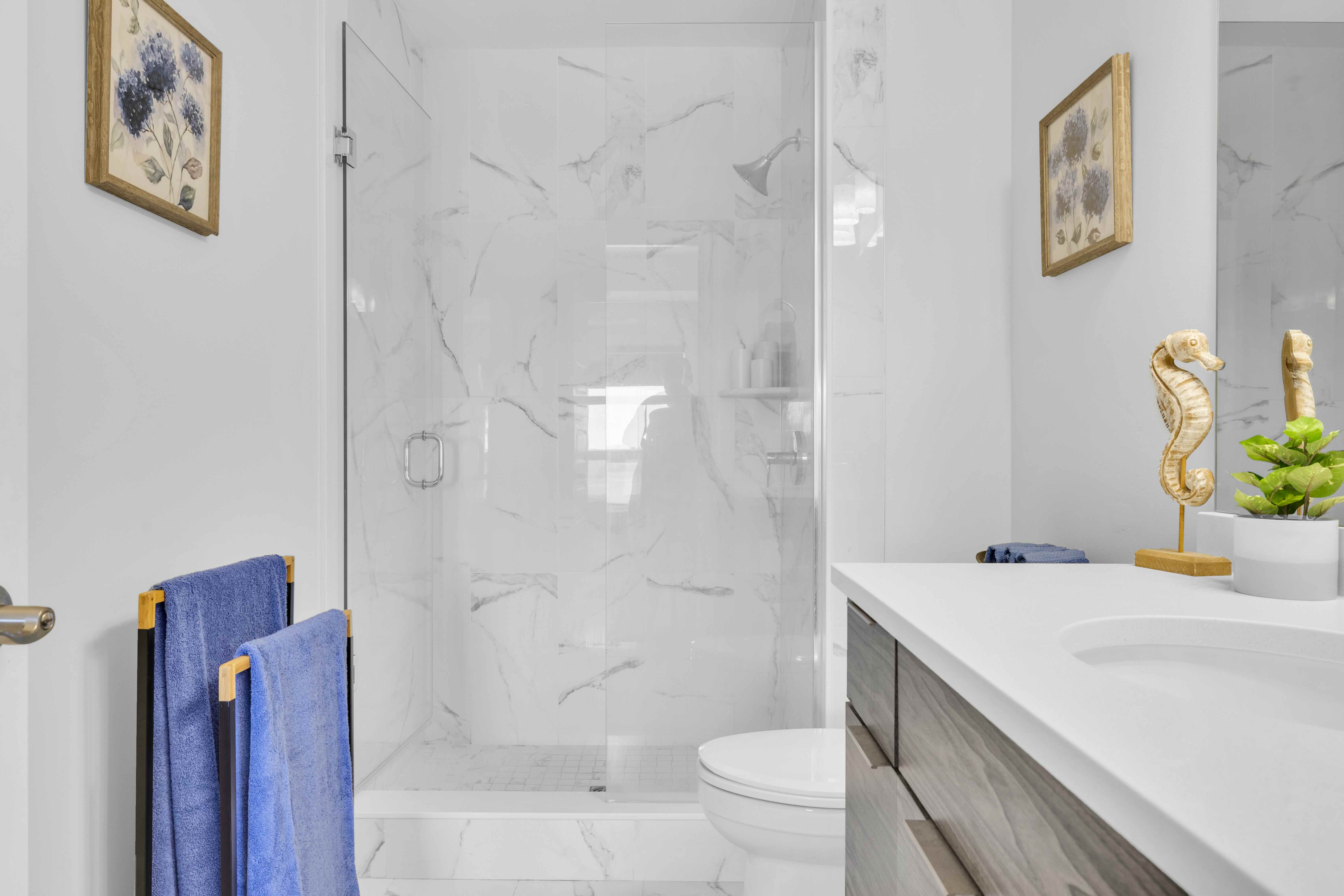 Ensuite bathroom with walk-in glass shower, vanity, toilet, and decorative accents