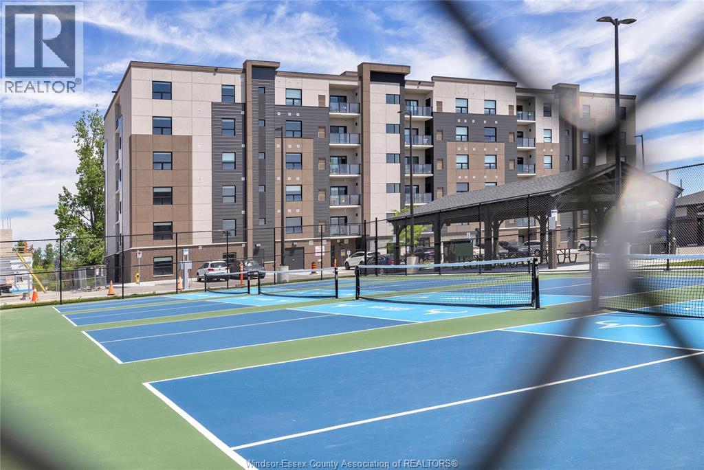 Outdoor pickleball courts with multi-coloured surface, nets, and adjacent building
