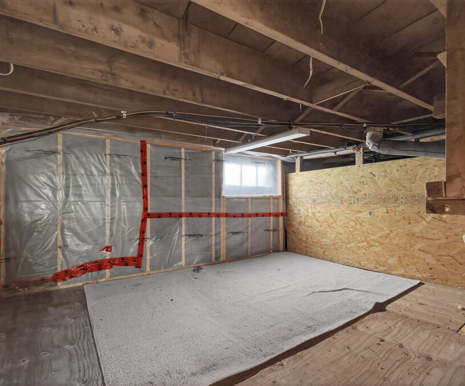 Basement with exposed ceiling and partially paneled walls