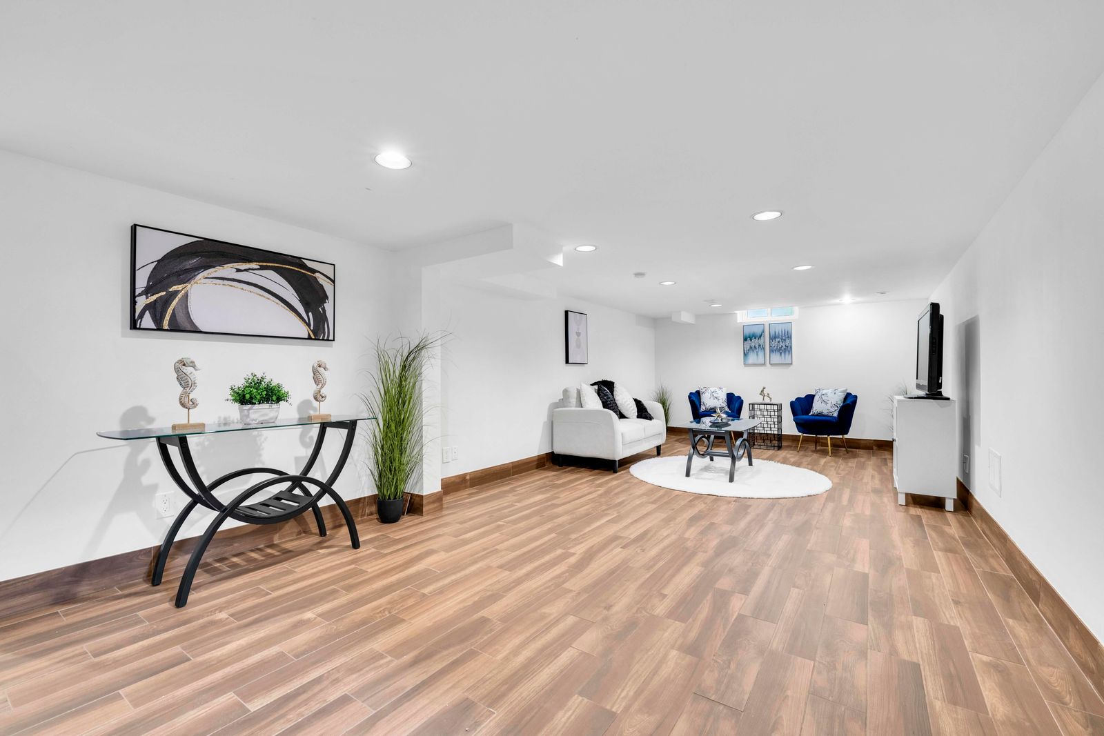 Basement area with console table, decorative plants, and wall art against white walls.