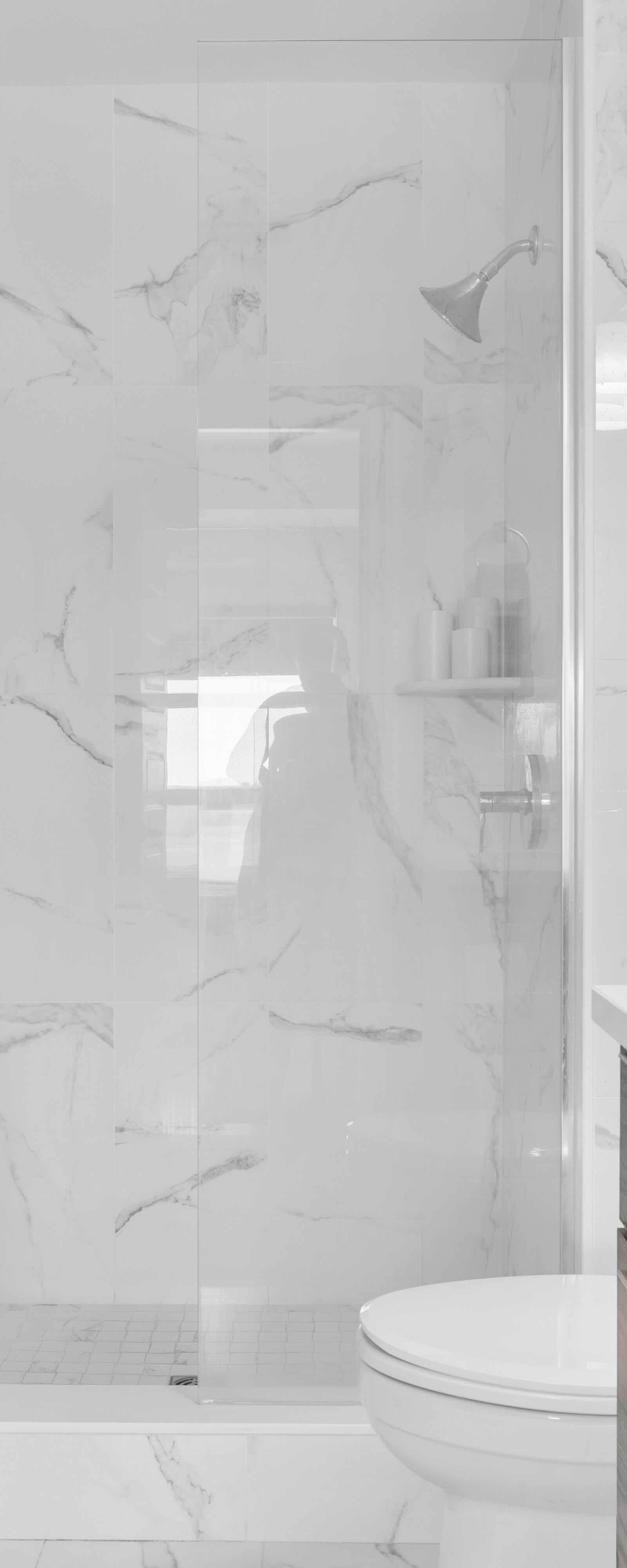 Ensuite bathroom with walk-in glass shower, vanity, toilet, and decorative accents