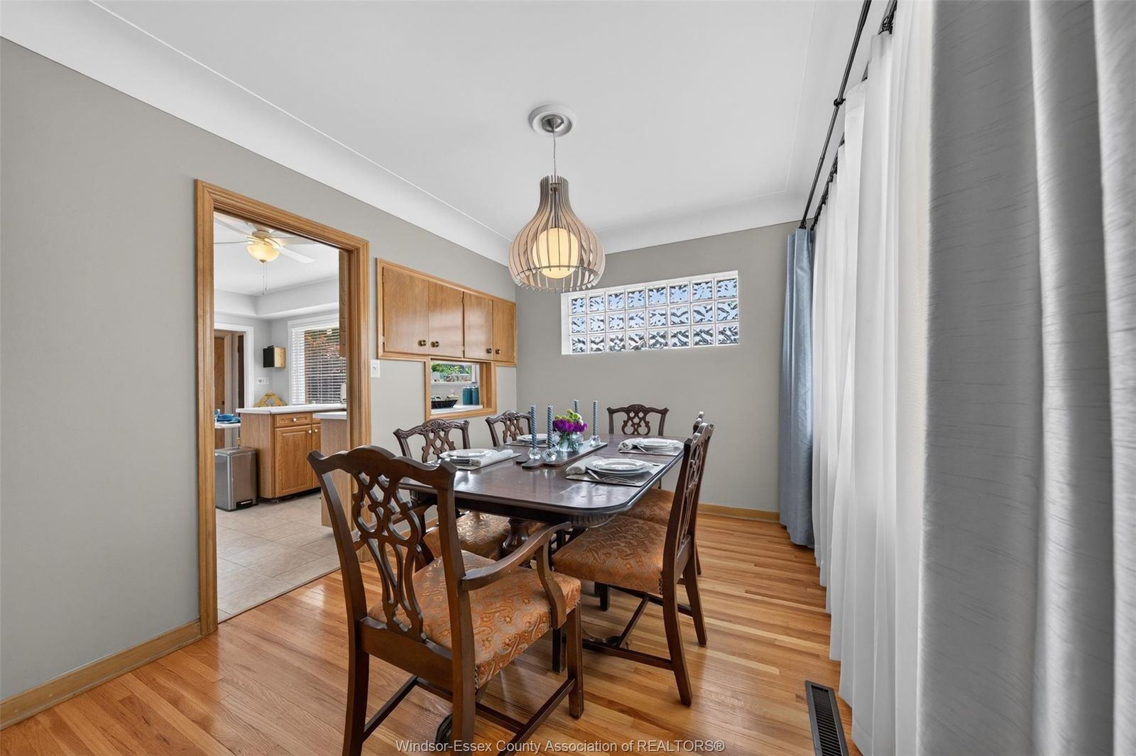 Dining room with glass block window