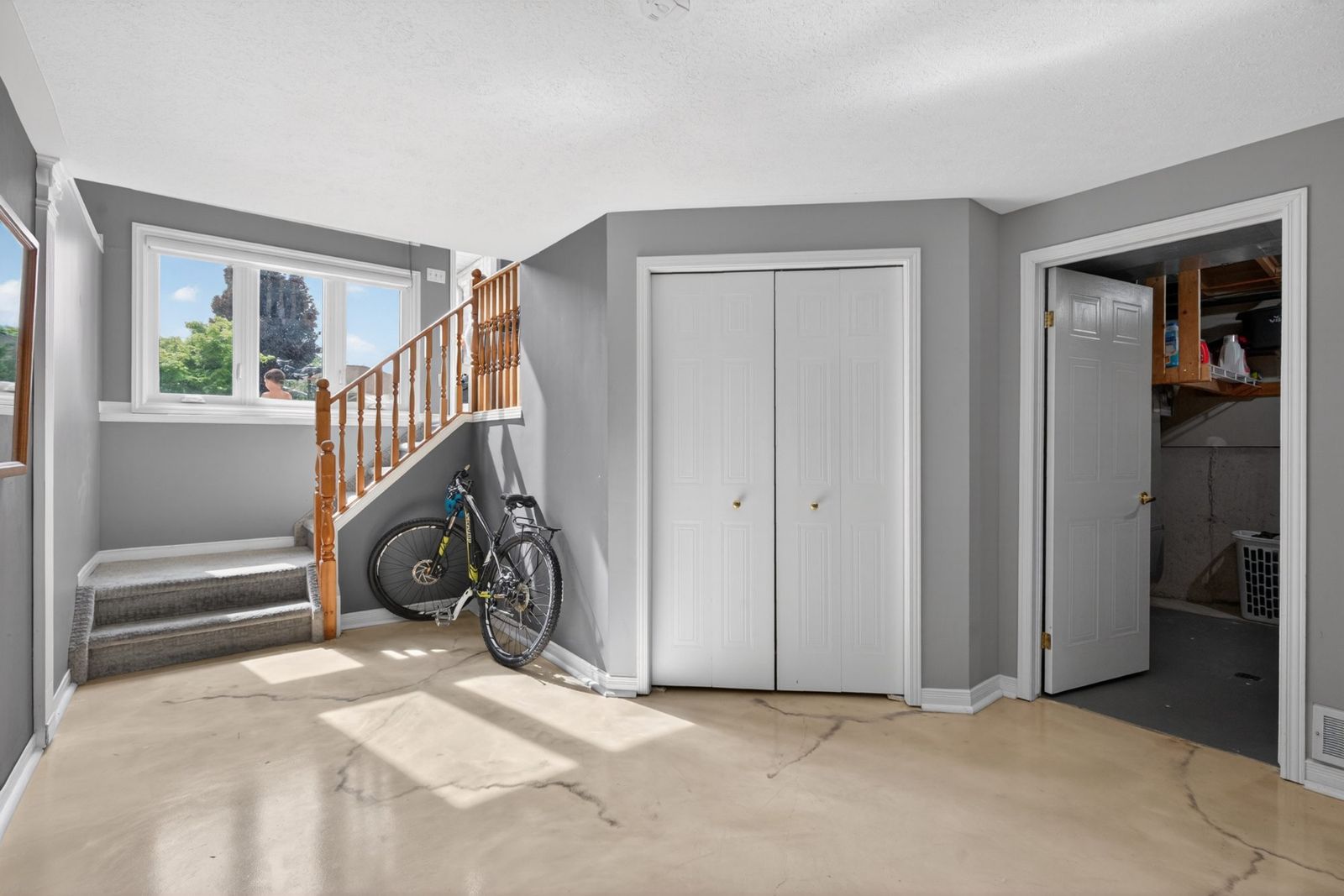 Basement area with stairs and closet