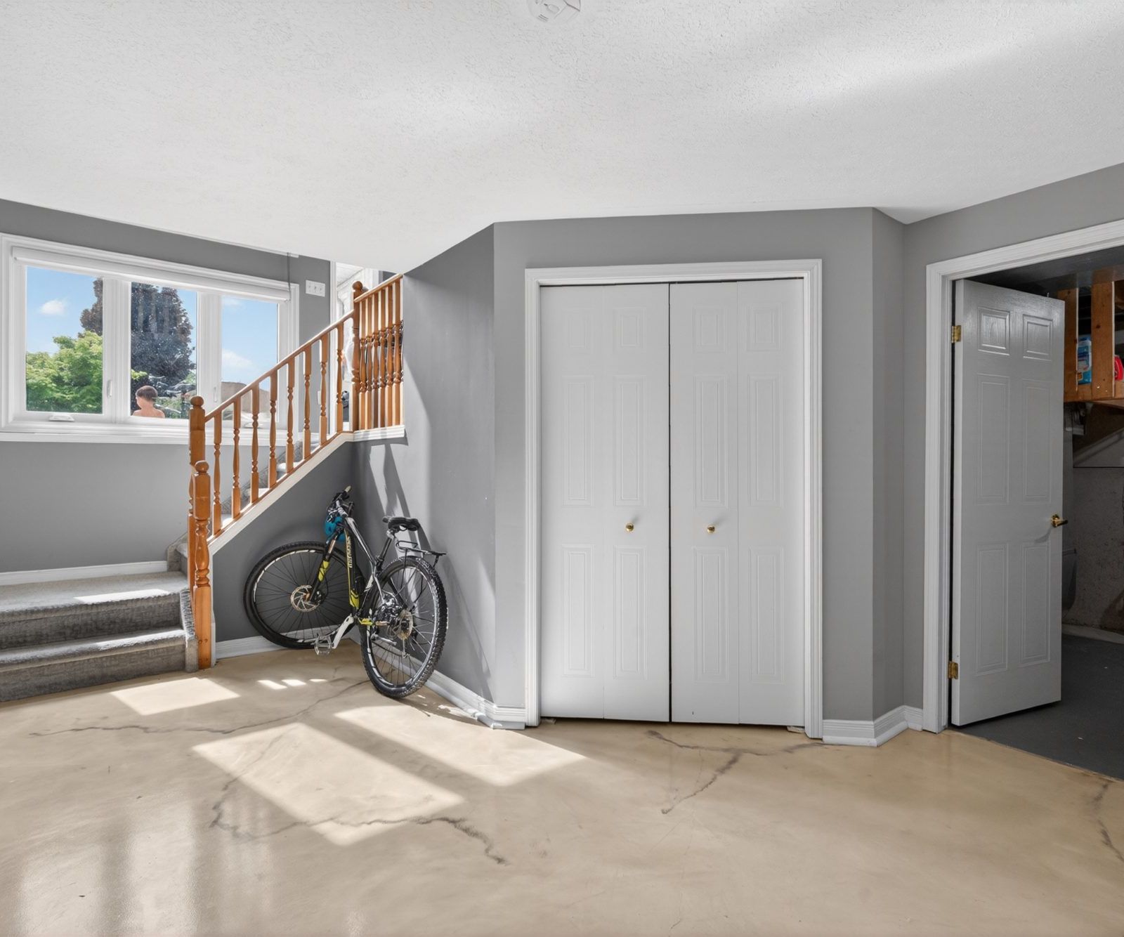 Basement area with stairs and closet