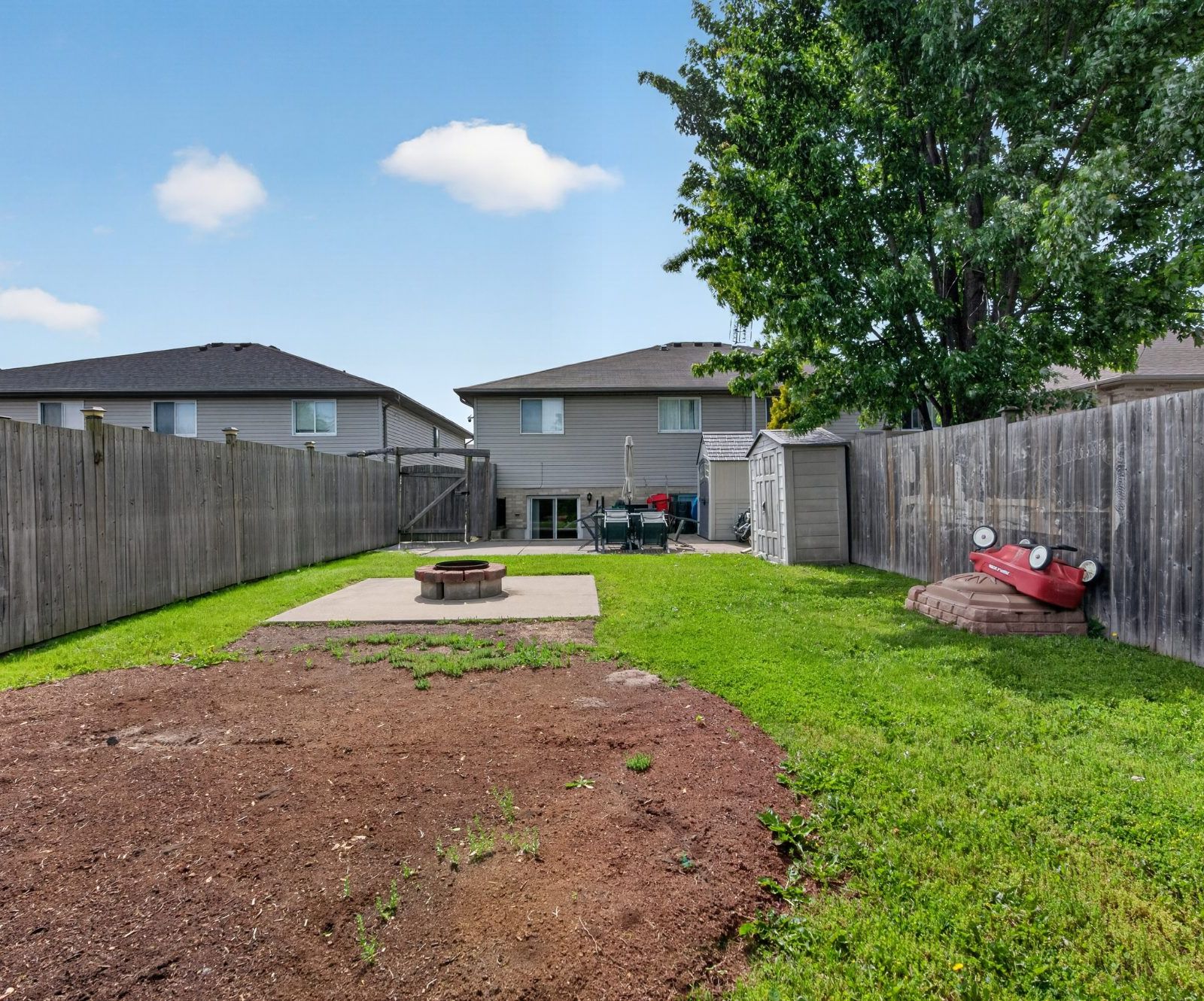 Fenced backyard with fire pit, green lawn, and storage shed