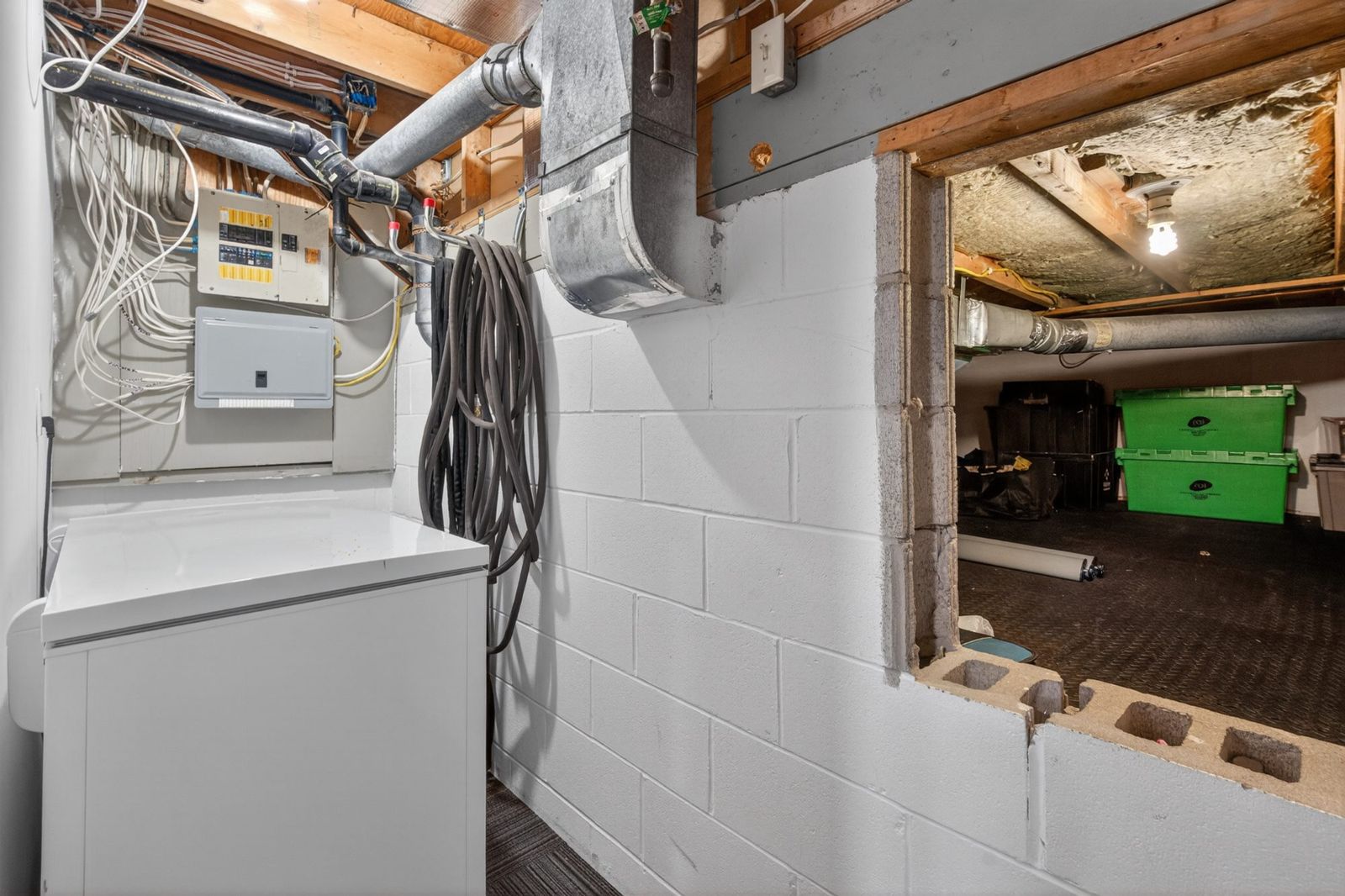 Basement utility area with washer and electrical panel