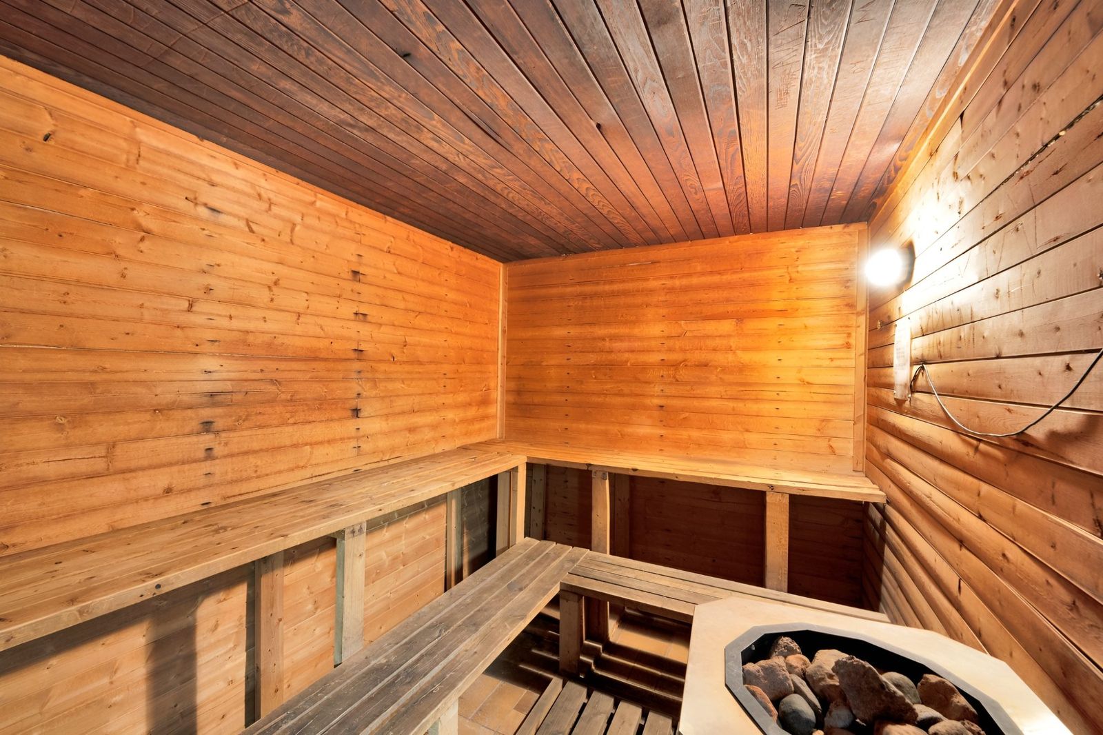 Wood-paneled sauna