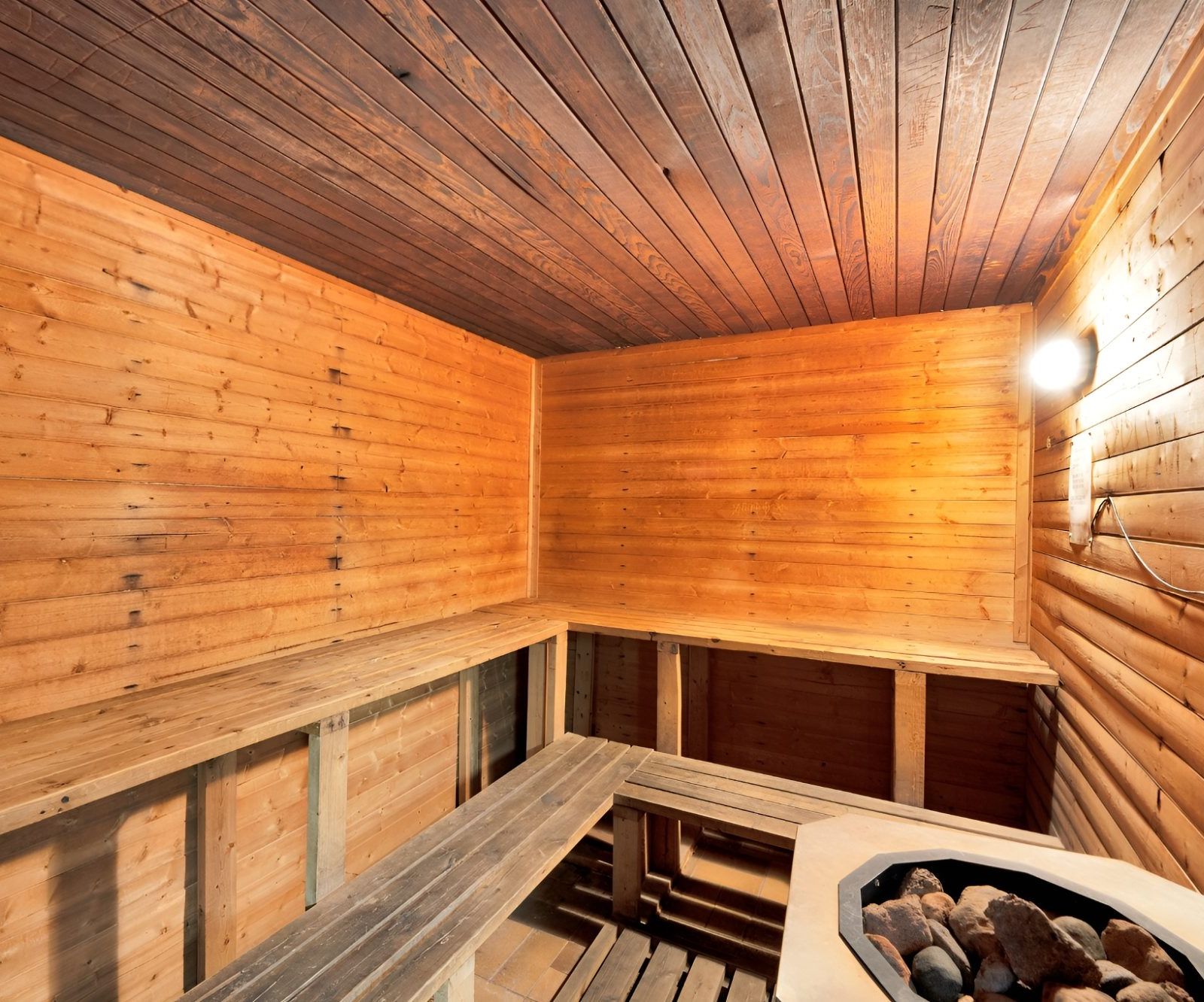 Wood-paneled sauna