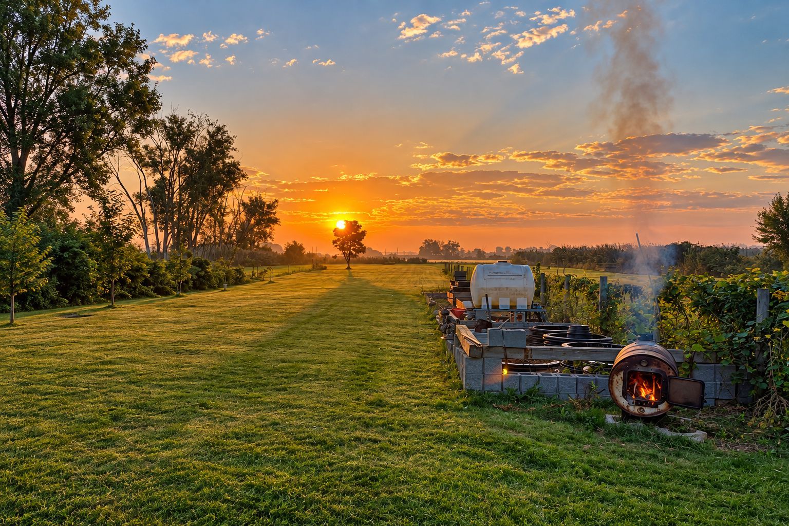 Garden area with raised beds at sunset.