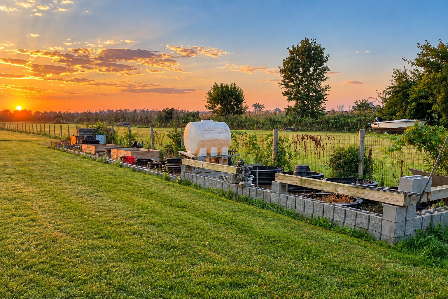 Raised garden beds, water tank and wire fencing at sunset.