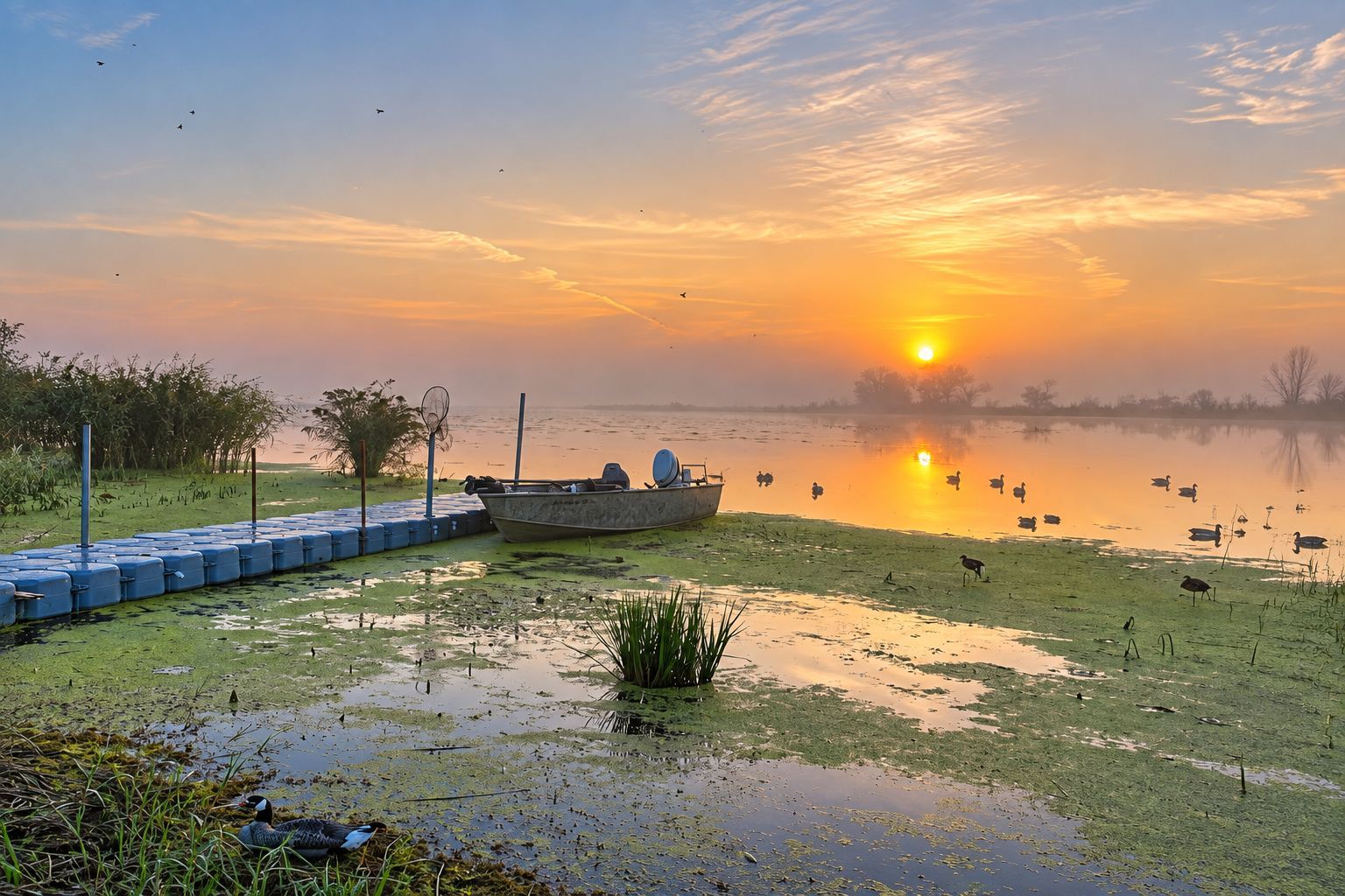 Sun low over the water, with a floating dock and a boat at the shoreline.