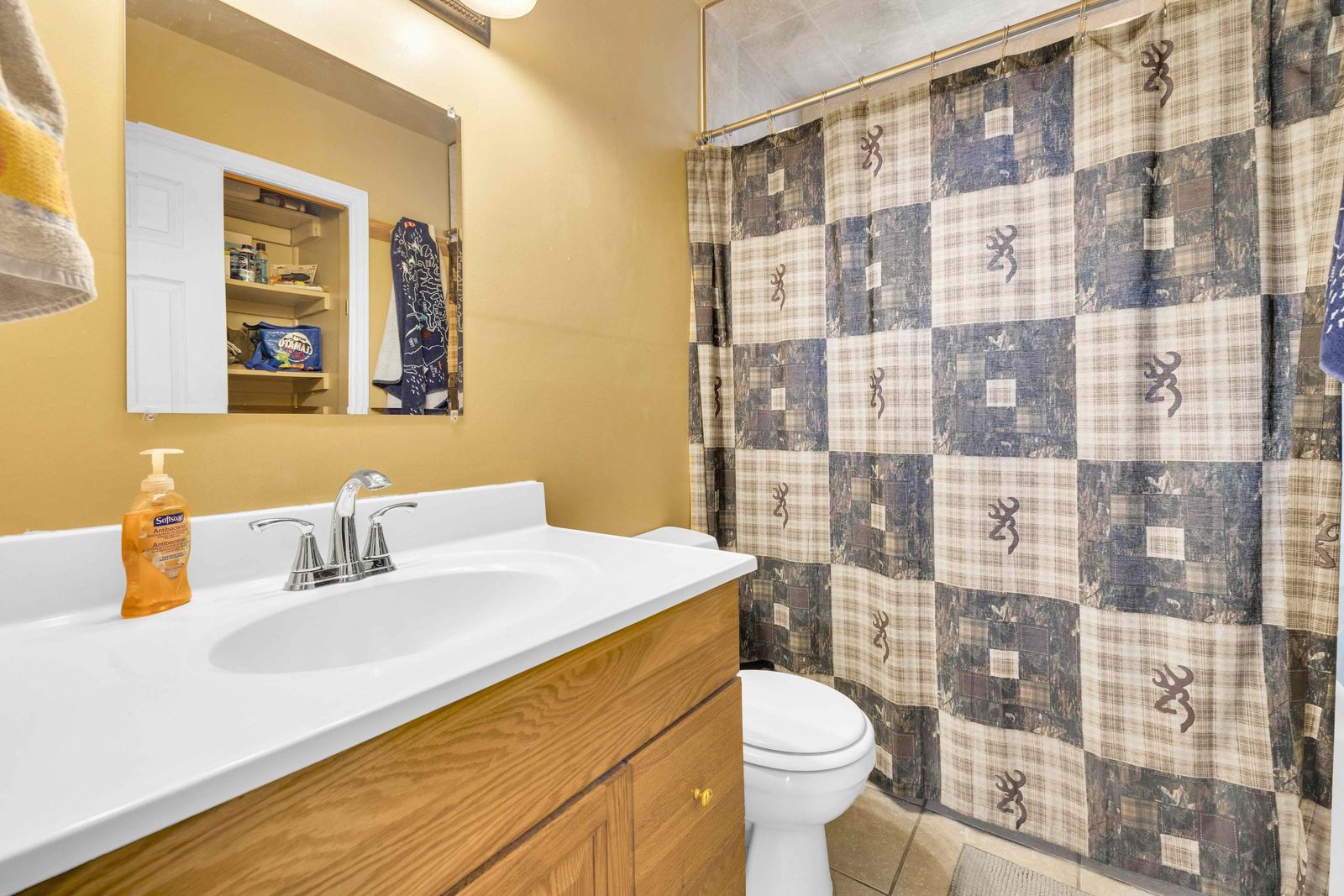 Bathroom with a vanity, mirror, toilet and shower curtain.