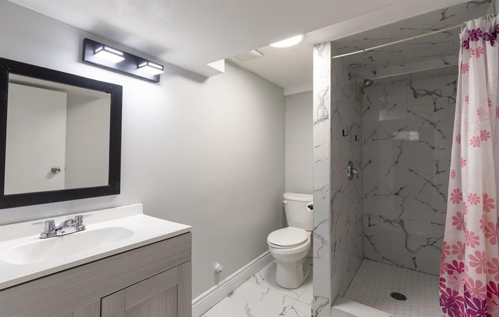 Bathroom with a walk-in shower, a toilet and a vanity.